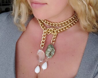 Gold Statement Lariat Necklace with Turquoise, Rock Crystal, Snow Agate and Aluminum