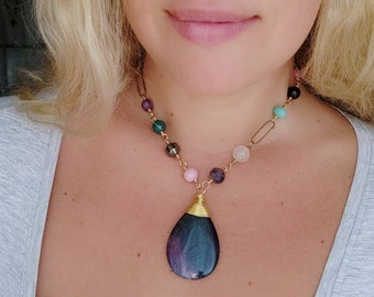 Agate Statement Necklace with Hematite, Amethyst, Opalite, Crystal, Vintage Glass and Brass
