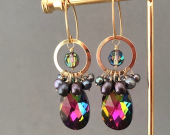 Vitrail Swarovski Crystal Earrings with Black Freshwater Pearl, Gold Fill and Vermeil