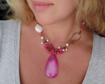 Hot Pink Statement Necklace with Agate, Freshwater Pearl, Swarovski Pearl and Brass