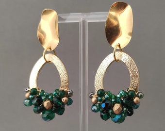 Emerald Green Crystal, Agate and Czech Glass Earrings with Gold Plated Stainless Steel and Aluminium