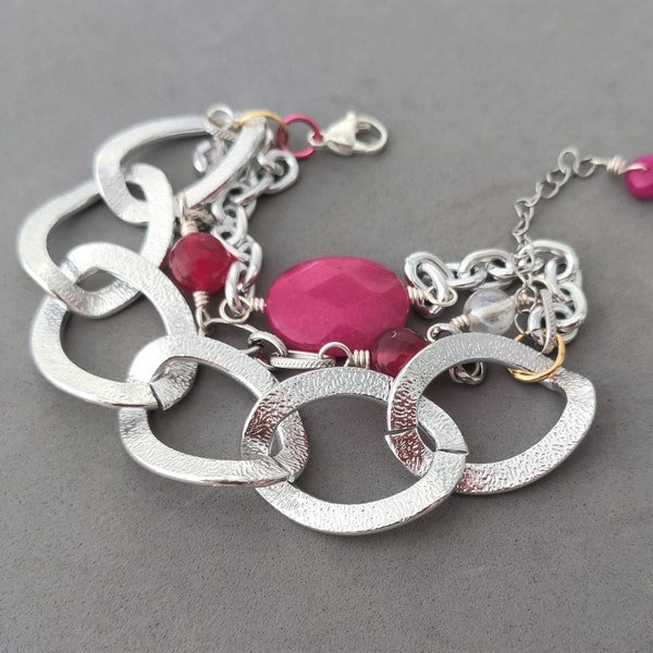 Chunky Hot Pink Bracelet with Agate, Mountain Jade, Czech Glass, Aluminium and Stainless Steel