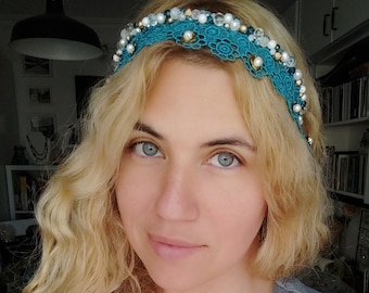Teal Lace Headband with Freshwater Pearls, Crystal and Czech Glass