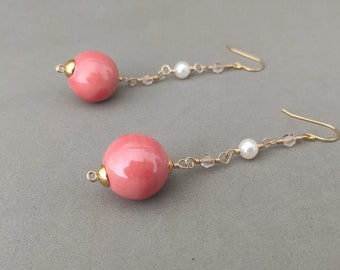 Ceramic Coral Earrings with Swarovski Crystal, Freshwater Pearl and Rose Gold Fill