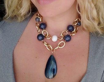 RESERVED Blue Sodalite Necklace with Agate, Crystal, Aluminum and Stainless Steel