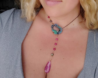 Rainbow Agate Druzy Necklace with, Swarovski Crystal, Gold Fill and Oxidized Sterling Silver