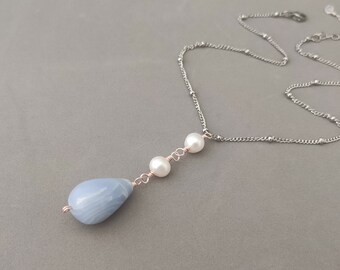 Pastel Blue Y Necklace with Freshwater Pearl and Stainless Steel