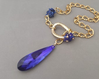 Cobalt Blue Crystal Necklace with Lapis Lazuli, Czech Glass and Aluminium