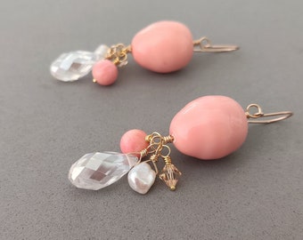 Coral Earrings with Freshwater Pearl, Shell Pearl, Swarovski Crystal, Swarovski Pearl and Gold Fill