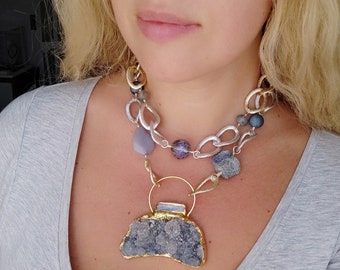 Blue Agate Druzy Necklace with Kyanite, Crystal, Lapis Lazuli, Mountain Jade, Aluminium and Stainless Steel