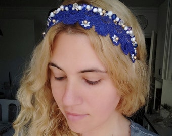 Blue Lace Headband with Freshwater Pearls, Crystal and Czech Glass