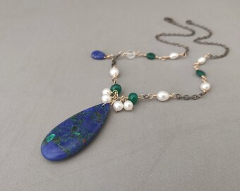 Bright Blue Chrysocolla Necklace with Green Onyx, Freshwater Pearl, Rock Crystal, Oxidized Sterling Silver and Gold Fill