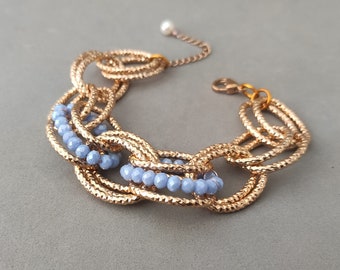 Cornflower Blue Crystal Bracelet with Freshwater Pearl and Rose Gold Plated Stainless Steel and Aluminium