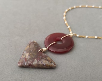 Red Agate Necklace with Jasper, Porcelain, Enamel and Gold Plated Stainless Steel