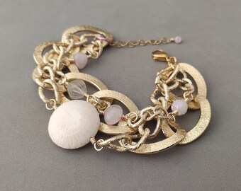 Rose Quartz Bracelet with Ceramic, Crystal, Czech Glass, Aluminum and Stainless Steel