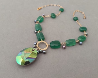 Swarovski Crystal Statement Necklace with Green Onyx, Black Freshwater Pearl and Gold Filled Metals