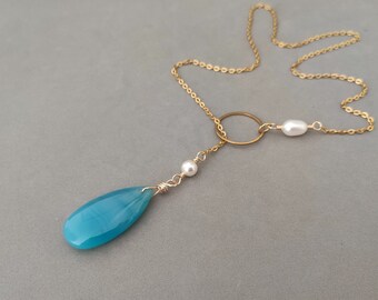 Turquoise Agate Y Necklace with Freshwater Pearl, Swarovski Pearl and Gold Plated Stainless Steel
