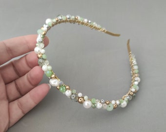 Mint Crystal Headband with Freshwater Pearl and Czech Glass