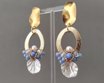 Cornflower Blue Crystal Earrings with Freshwater Pearl, Czech Glass, Gold Plated Stainless Steel and Aluminium