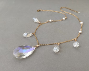 AB Crystal Necklace with Freshwater Pearl and Gold Plated Stainless Steel