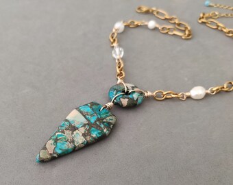 Turquoise Sea Sediment Jasper Necklace with Freshwater Pearl, Crystal, Czech Glass and Stainless Steel