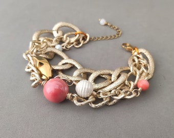 Ceramic Coral Bracelet with Shell Pearl, Glass, Crystal, Aluminium and Stainless Steel