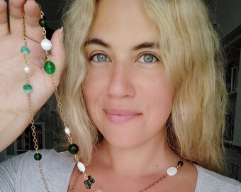 Long Green Necklace with Jade, Cat's Eye, Freshwater Pearl, Vintage Glass, Czech Glass, Crystal, Porcelain and Raw Brass