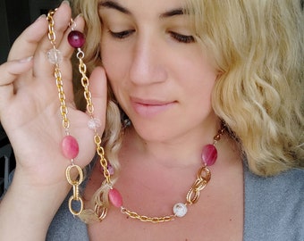 Long Hot Pink Necklace with Agate, Tiger's Eye, Murano Glass, Crystal, Mountain Jade and Aluminum