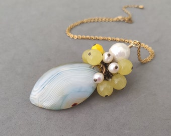 Blue and White Agate Necklace with Mountain Jade, Freshwater Pearl, Shell Pearl, Vintage Glass, Raw Brass and Gold Plated Stainless Steel