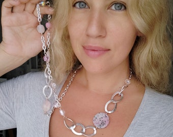 Chunky Long Necklace with Rose Quartz, Jasper, Crystal, Foil Glass and Aluminium
