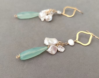 Long Mint Chalcedony Earrings with Keshi Freshwater Pearls, Gold Fill and Vermeil