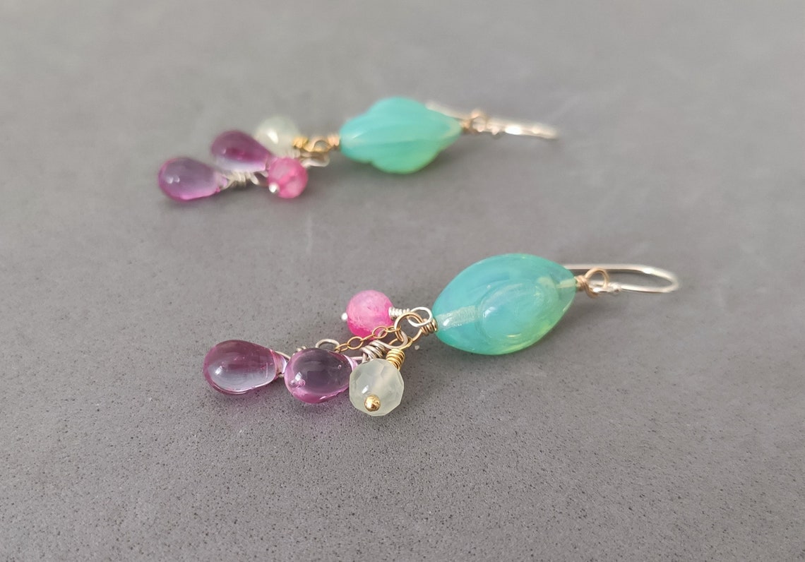 Seafoam Grüne Ohrringe mit Rosa Mondstein Prehinit Vintage | Etsy