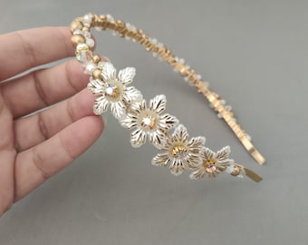 Golden Flower Headband with Freshwater Pearl, Crystal and Czech Glass