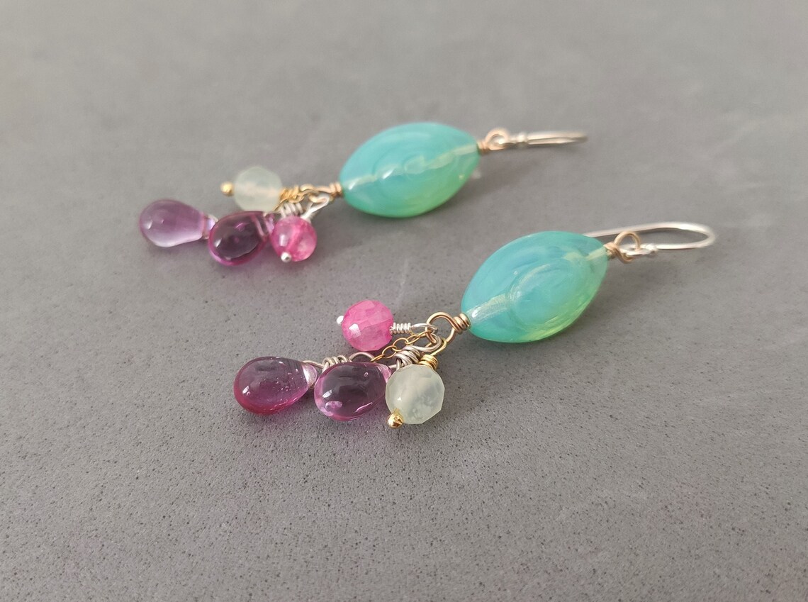 Seafoam Grüne Ohrringe mit Rosa Mondstein Prehinit Vintage | Etsy