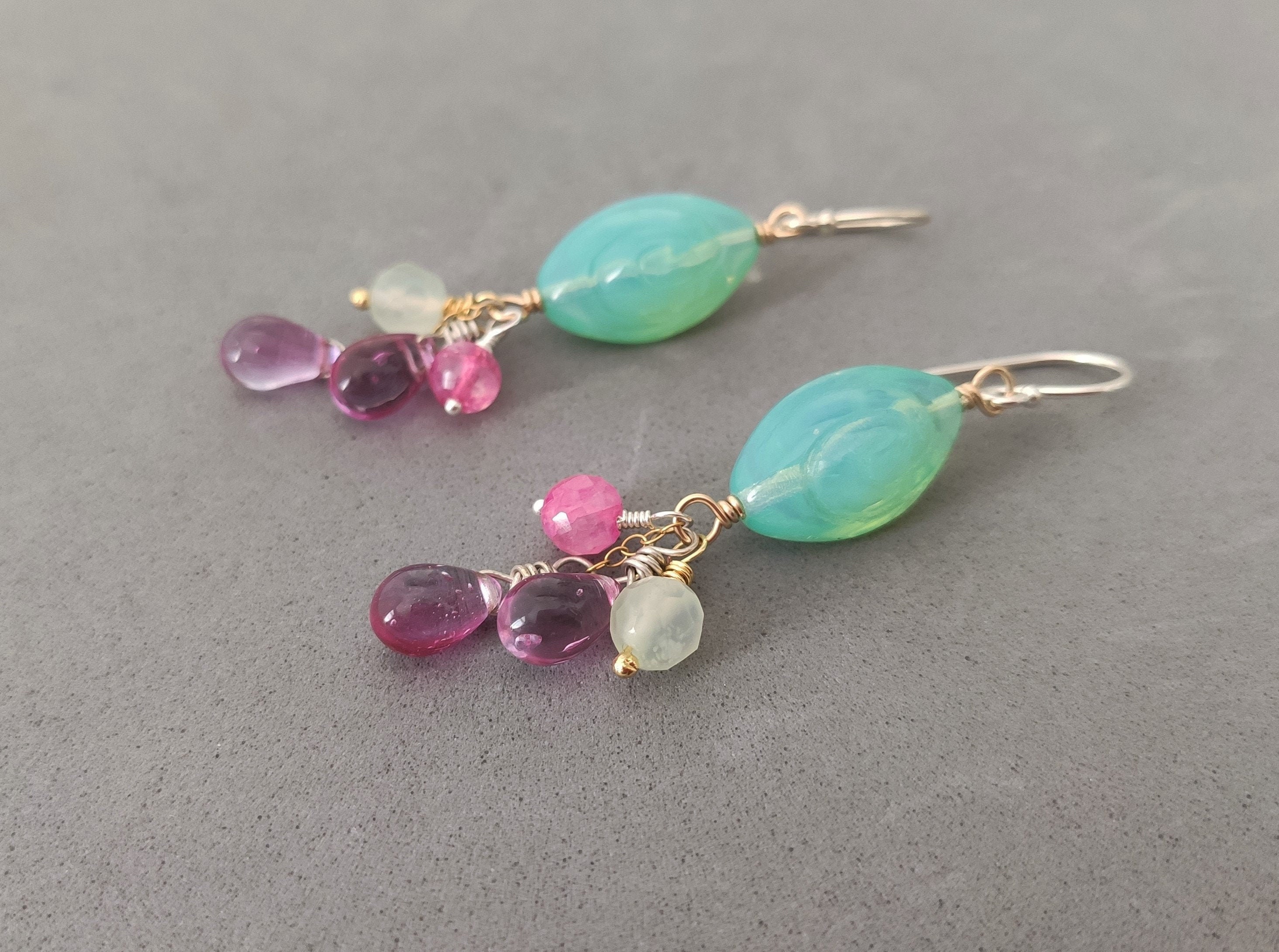 Seafoam Grüne Ohrringe mit Rosa Mondstein Prehinit Vintage | Etsy