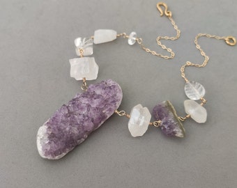 Amethyst Druzy Necklace with Rock Crystal, Moonstone and Gold Fill