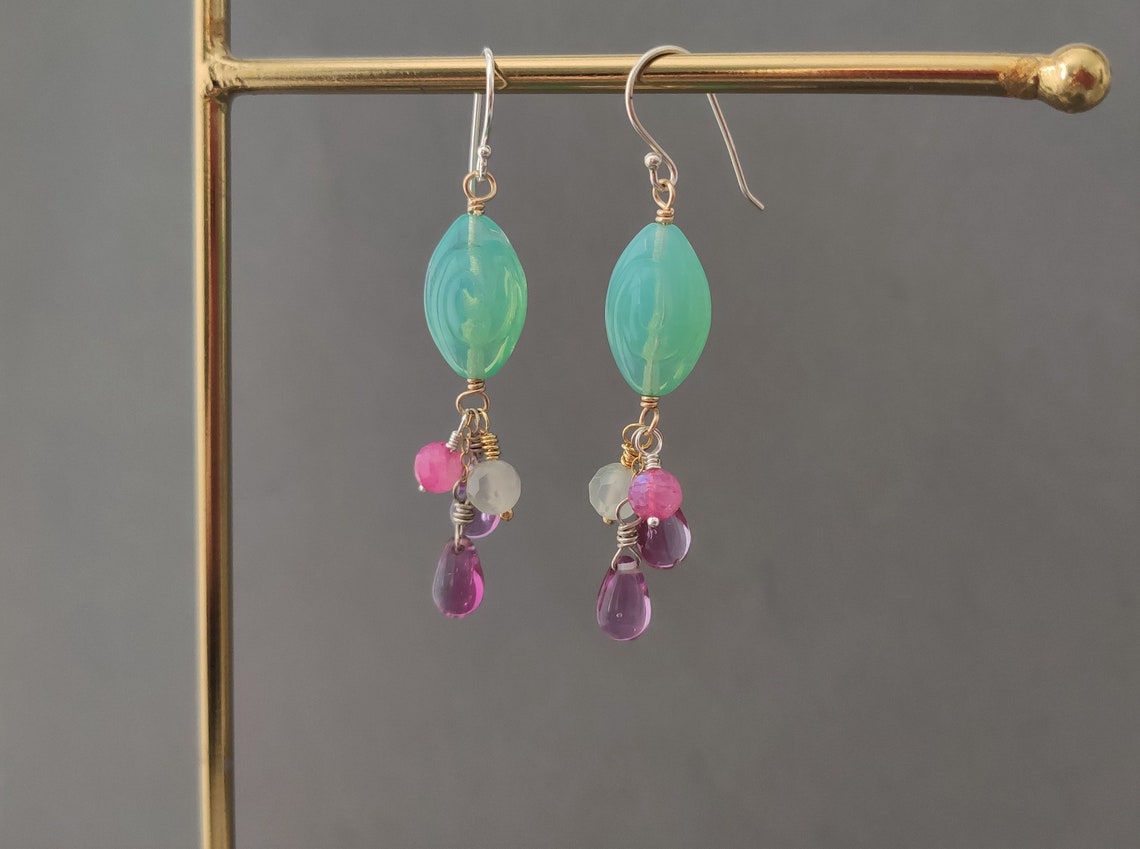 Seafoam Grüne Ohrringe mit Rosa Mondstein Prehinit Vintage | Etsy