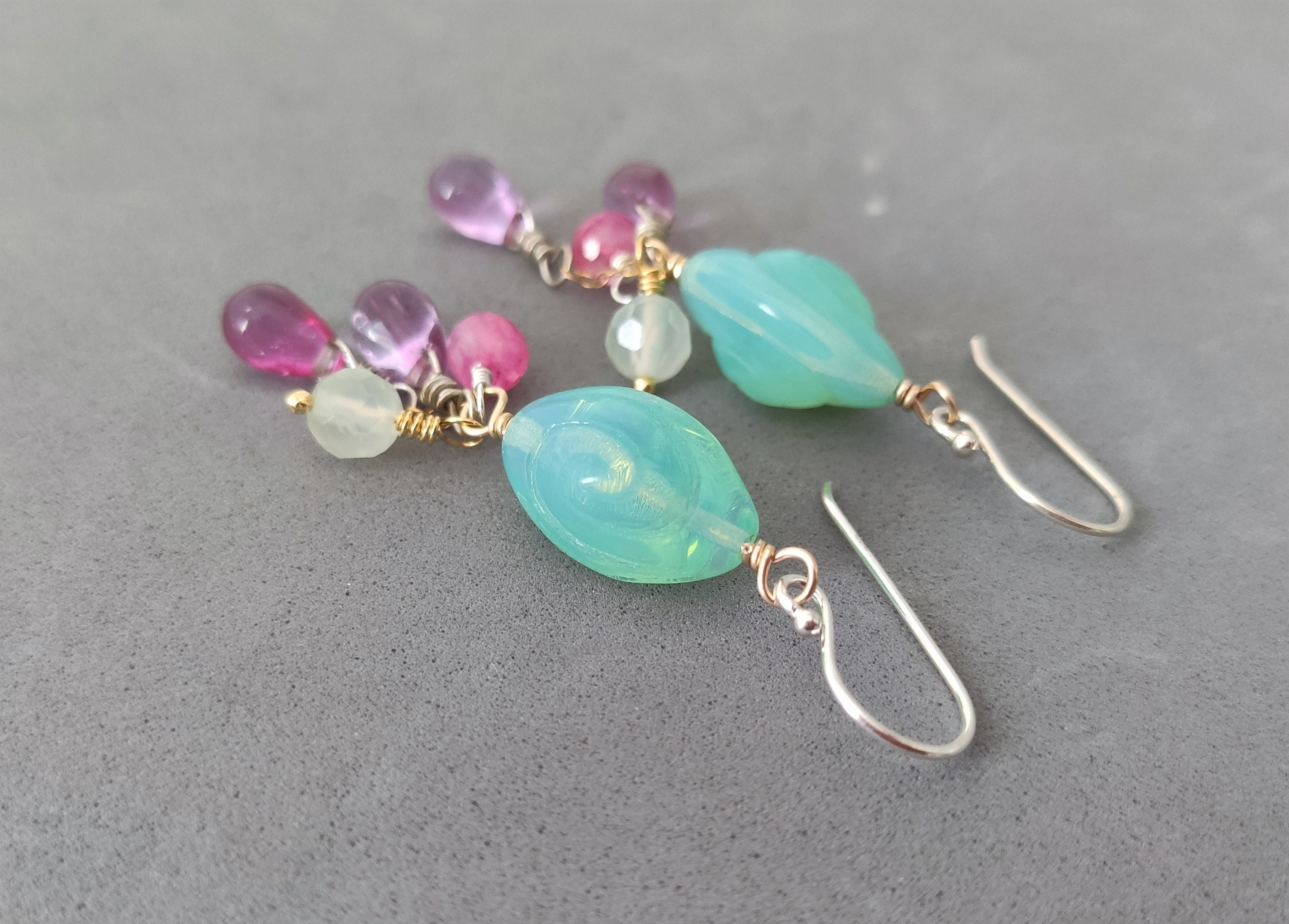 Seafoam Grüne Ohrringe mit Rosa Mondstein Prehinit Vintage | Etsy