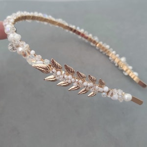 Freshwater Pearl, Crystal, Czech Glass, and Gold Plated Leaf Bridal Headband