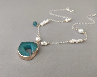 Turquoise Agate Druzy Necklace with Freshwater Pearl, Swarovski Crystal, Sterling Silver and Gold Fill