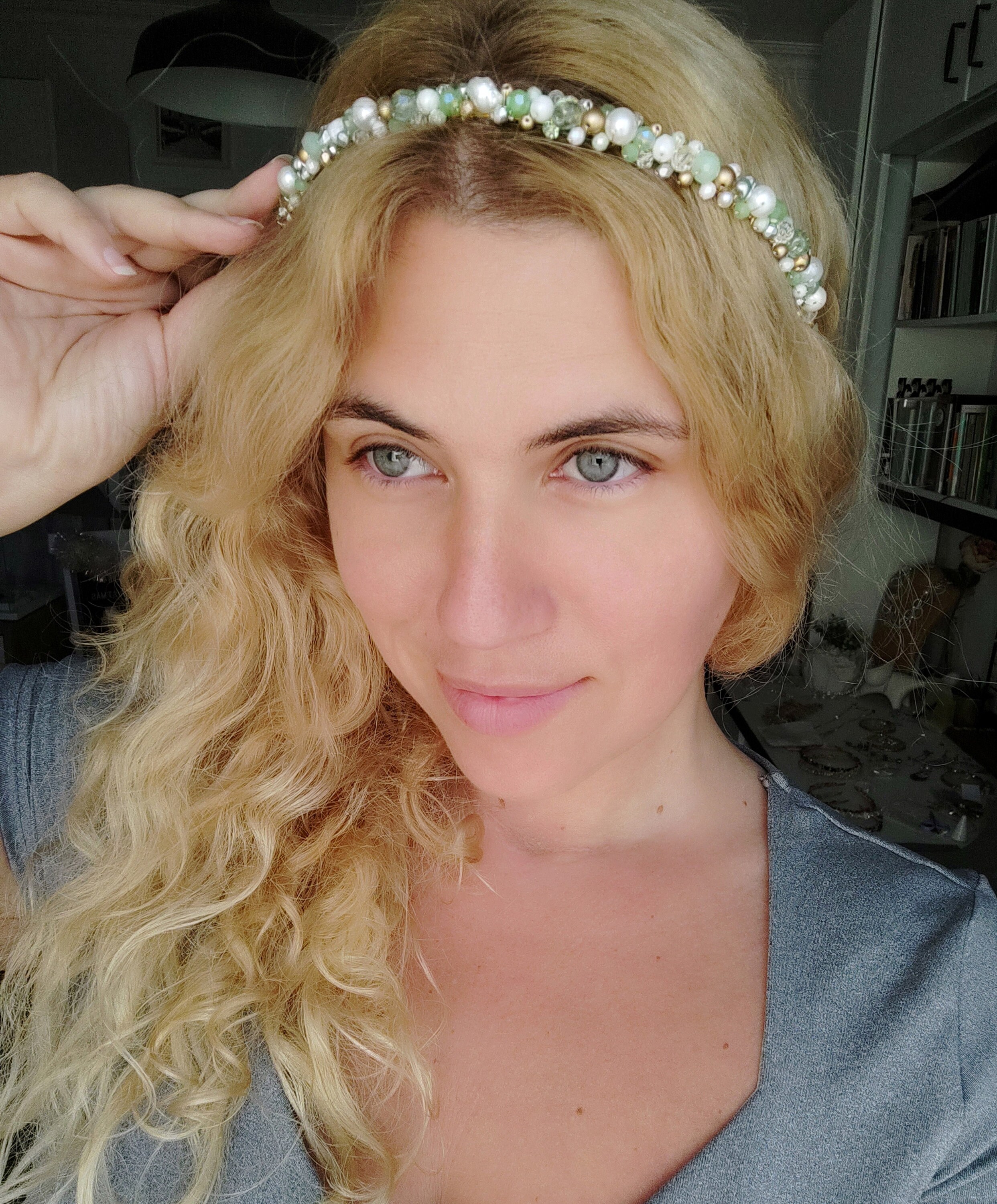 Iridescent Crystal Embellished Mint Headband Mint Crystal Headband With Freshwater Pearl and Czech Glass  main image 2