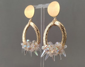 AB Crystal Earrings with Czech Glass Spikes, Gold Plated Stainless Steel and Aluminum