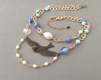 Boho Bird Necklace with Freshwater Pearl, Agate, Shell Pearl, Crystal, Ceramic, Glass, Brass, Aluminum and Stainless Steel