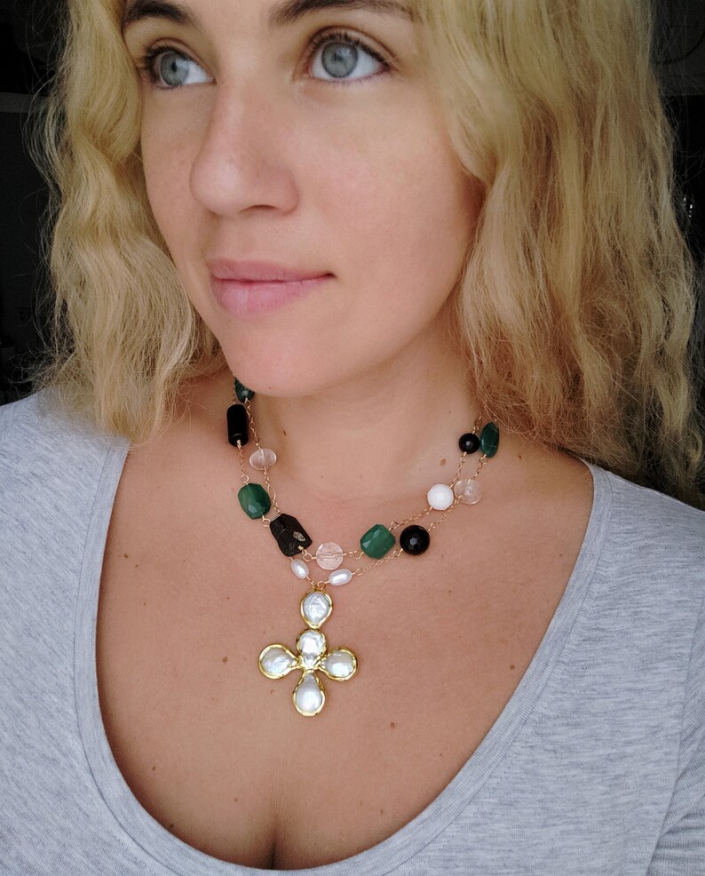 Freshwater Pearl Cross Necklace with Raw Tourmaline, Rock Crystal, Green Onyx, Snow Agate, Black Agate and Gold Fill