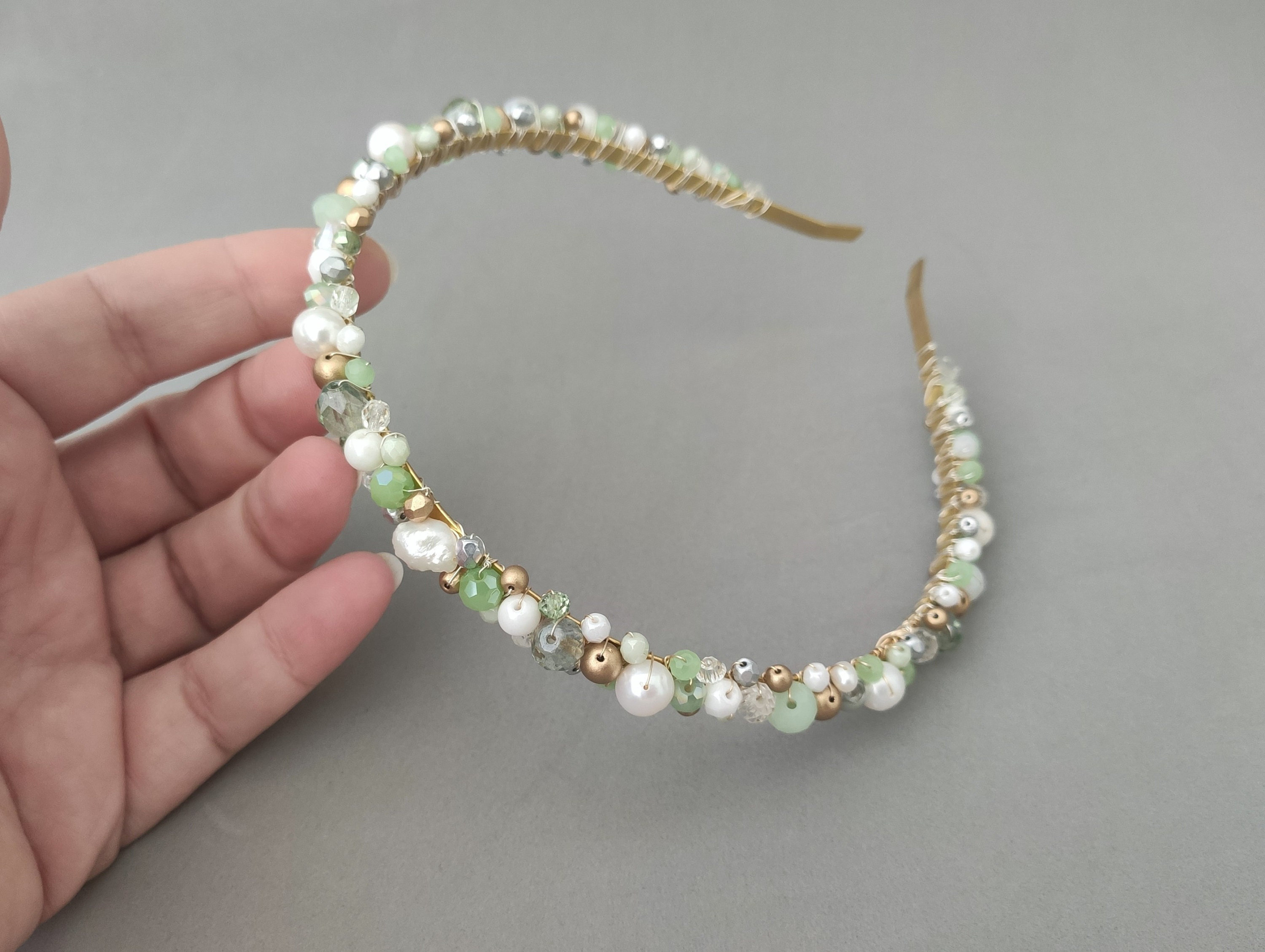 Mint Crystal Headband With Freshwater Pearl and Czech Glass 