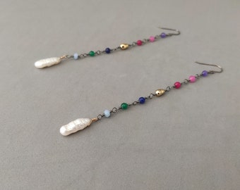 Long Multicolour Agate Earrings with Freshwater Pearl, Gold Fill and Oxidized Sterling Silver