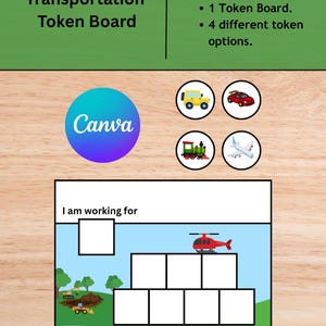 Op de afbeelding: Een Transportation Token Board met de tekst "Transportation Token Board" en "I am working for". Bevat een token board en vier token opties: een gele jeep, een rode auto, een groene trein en een wit vliegtuig.