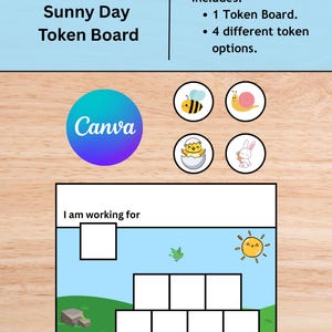 Op de afbeelding: Een "Sunny Day Token Board" met het Canva-logo en vier token-opties: een bij, een slak, een kuiken en een konijn. Het bord heeft vakken voor tokens en de tekst "I am working for".