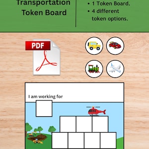 Op de afbeelding: Een afdrukbare PDF met de titel "Transportation Token Board" met een groene kop en een houten achtergrond. Bevat een token board, vier token opties en de tekst "I am working for". De token opties omvatten een gele jeep, rode raceauto, groene trein en een wit vliegtuig.