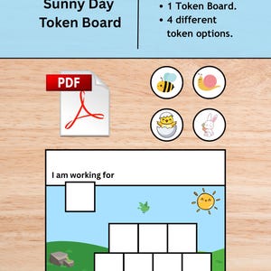 Op de afbeelding: Een "Sunny Day Token Board" met de tekst "Ik werk voor". Bevat een PDF-pictogram en vier tokenopties: een bij, een slak, een kuiken en een konijn. Het bord heeft een blauwe luchtachtergrond met een groen landschap.